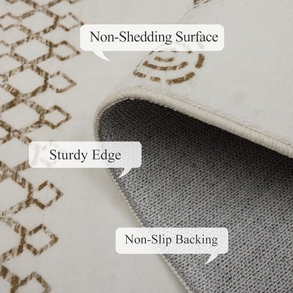 Washable Area Rugs 8x10, Large Rugs for Living Room, Carpet for Bedroom, Boho Soft Faux Wool Retro Dining Room Rug, Non-Slip Backing Resistant Low Pile Vintage Print Rug for Home Office(Beige)