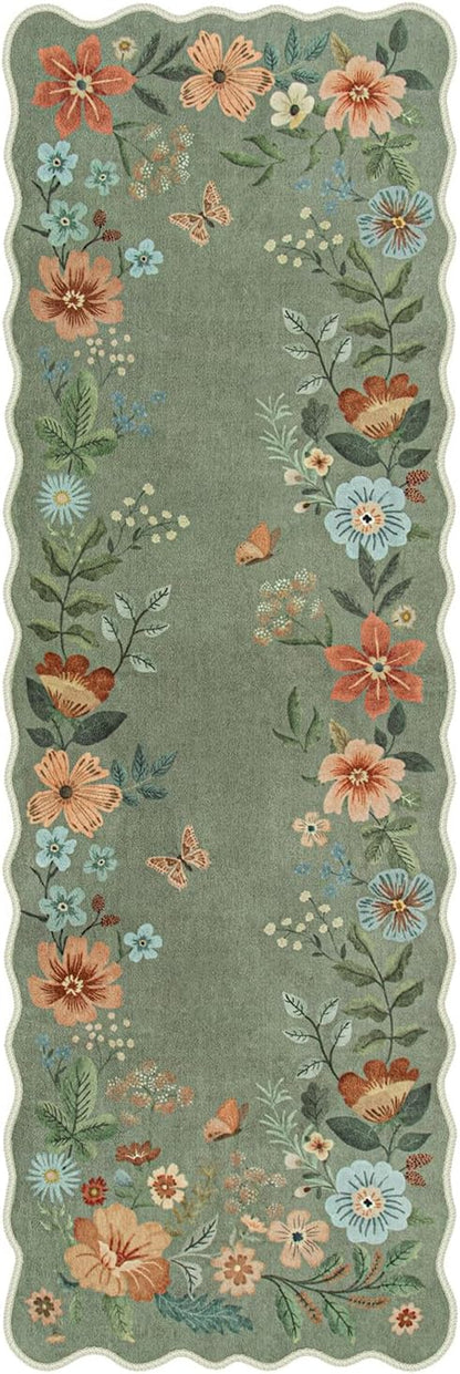 Lahome Floral Runners for Hallways, 2X6 Kitchen Runner Rug Ultra-Thin Soft, Non-Slip Hallway Rug Stain Resistant Boho Low-Pile Carpet for ‎Laundry Bathroom Bedroom(2x6ft,Green)