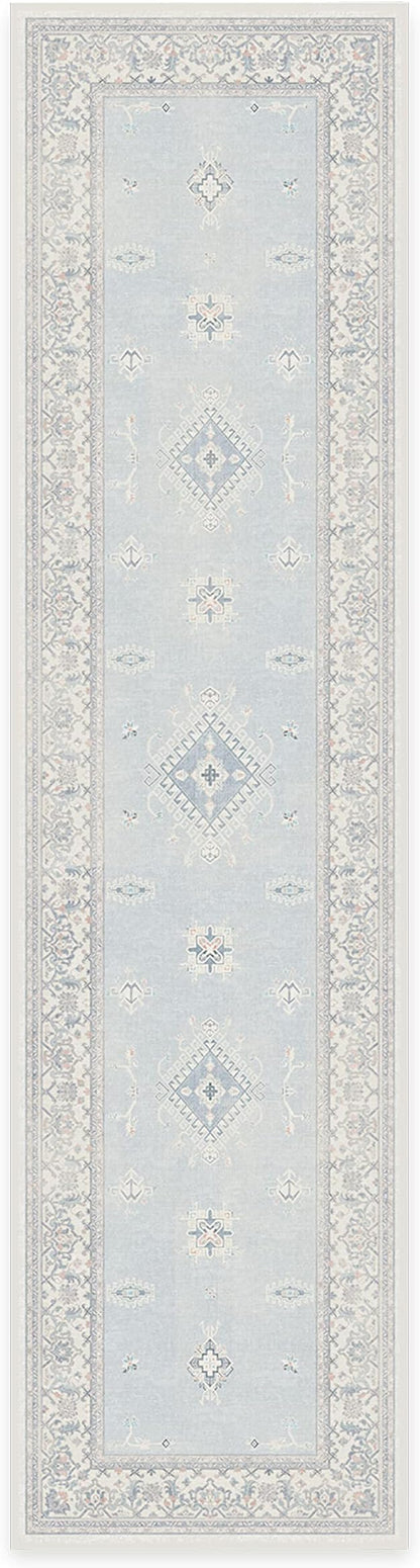 RUGGABLE Washable Vintage Runner Rug – Verena Soft Blue 2.5x10, Stain-Resistant, Non-Slip Hallway Runner – Machine Washable Rug for Hallway, Entryway, Living Room & Kitchen–with Standard Pad