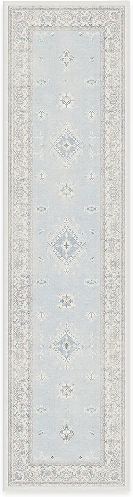 RUGGABLE Washable Vintage Runner Rug – Verena Soft Blue 2.5x10, Stain-Resistant, Non-Slip Hallway Runner – Machine Washable Rug for Hallway, Entryway, Living Room & Kitchen–with Cushioned Pad