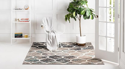 Rugs.com Lattice Frieze Collection Rug – 3' Square Blue Multi Medium Rug Perfect for Living Rooms, Kitchens, Entryways