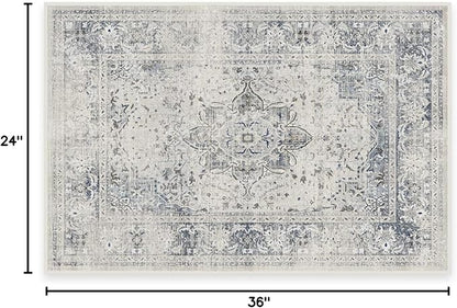 RUGGABLE Washable Vintage Area Rug – Sarrah Blue Quartz 2x3, Stain-Resistant, Non-Slip – Small Machine Washable Rugs for Living Room, Bedroom, Hallway, Entryway & Bathroom–with Cushioned Pad