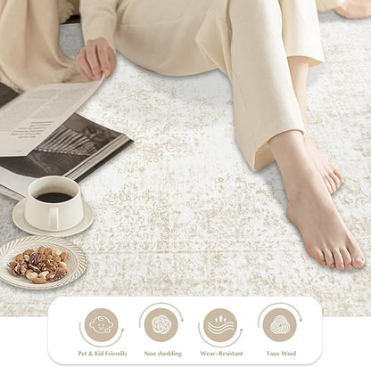 Area Rug 3x5 Entryway Rugs - Machine Washable Vintage Boho Area Rug Non-Slip Kitchen Rugs Soft Stain Resistant Indoor Door Mat, Small Oriental Throw Rug for Entrance Hallway Bedroom (Ivory, 3'x5')