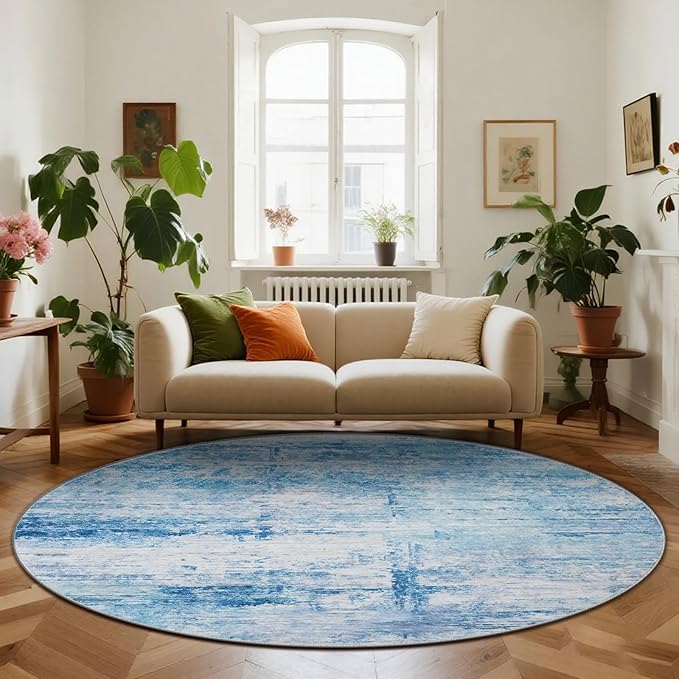 Round 8ft Area Rug Modern Abstract Washable Carpet for Living Room Bedroom Dining Room Home Office - Abstract Teal Grey