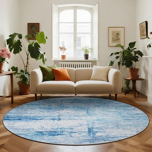 Round 4ft Area Rug Modern Abstract Washable Carpet for Living Room Entryway Dining Room Home Office - Abstract Teal Grey