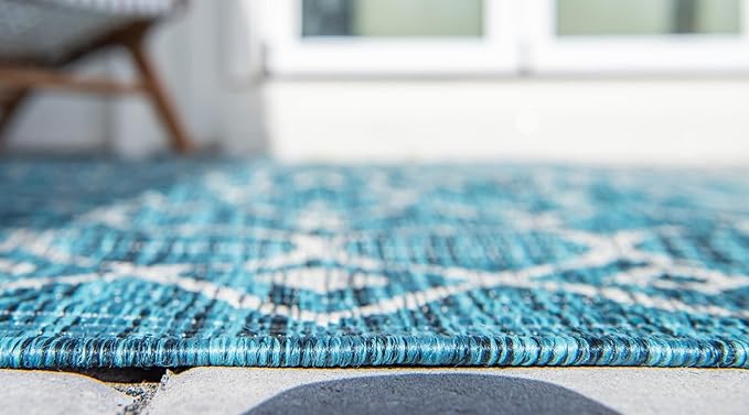 Unique Loom Outdoor Trellis Collection Area Rug - Tribal Trellis (10' x 13' 1" Rectangle, Teal/ Ivory)