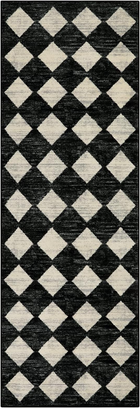 Lahome Washable Kitchen Runner Rug, 2x7 Black and White Hallway Runner Rugs with Rubber Backing Bathroom Runners, Moroccan Trellis Soft Non Slip Stain Resistance Carpet Runners for Entryway Bedside