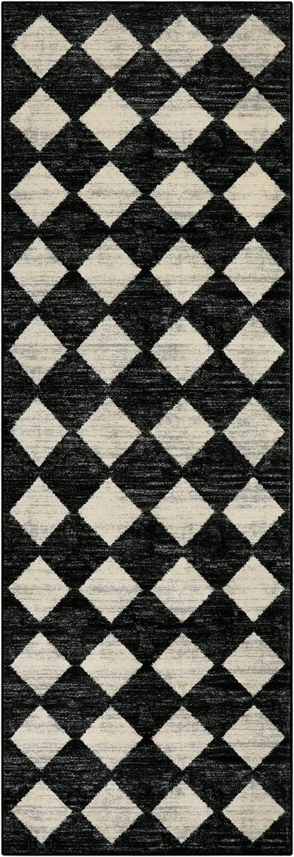 Lahome Washable Kitchen Runner Rug, 2x7 Black and White Hallway Runner Rugs with Rubber Backing Bathroom Runners, Moroccan Trellis Soft Non Slip Stain Resistance Carpet Runners for Entryway Bedside