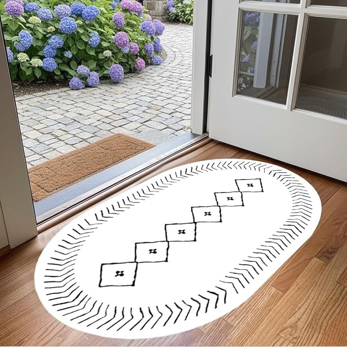 Simple Black and White Geometric Texture Bordered Area Rug 10x12 for Living Room Bedroom Dining Room Soft Washable Anti Slip Floor Mats Doormat Modern Minimalist Large Carpet Cozy Indoor Oval Rugs