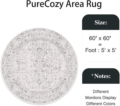 Grey Round Area Rug 5ft Entryway Door Mat Small Circle 5x5 Kitchen Vintage Carpet Non Slip Indoor Bedroom Washable Distressed Floral Retro Accent Throw Rug Office Bathroom