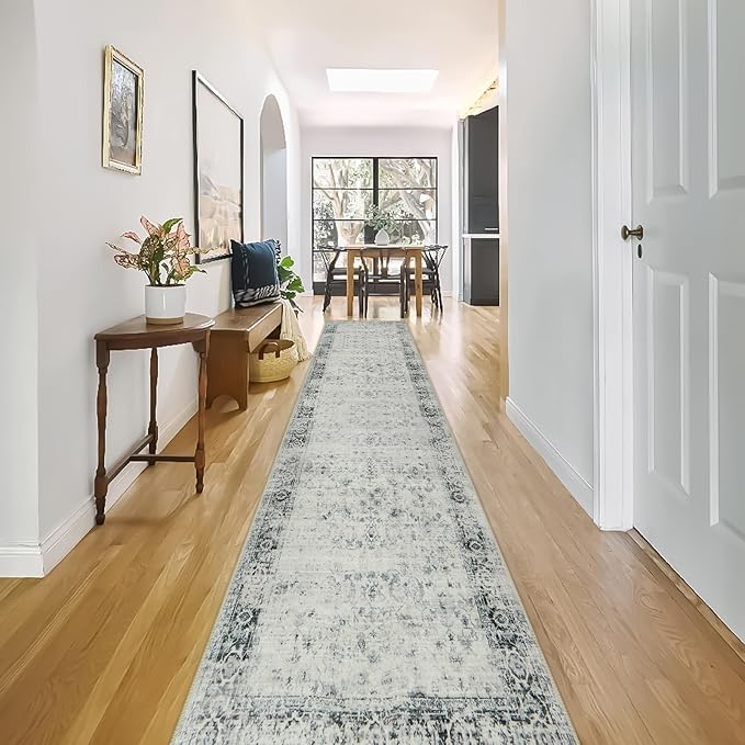 Morebes Vintage 12ft Runners for Hallways, Washable Long Kitchen Runner Rug Non-Slip, Soft Distressed Indoor Floor Throw Carpet for Entryway Farmhouse Living Room Office Foyer, Grey