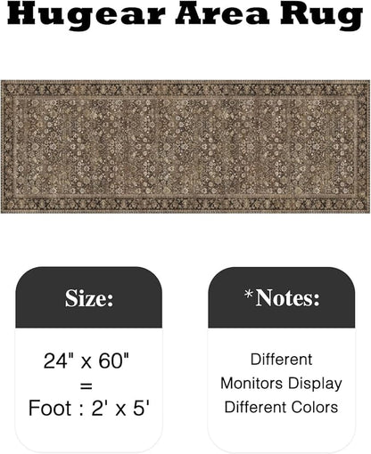 HUGEAR 2x5 Runner Rug Machine Washable Brown Hallway Area Rugs Indoor Accent Rugs Floral Low Pile Carpet Distressed Throw Rug Bedroom Living Room Office Dining Kitchen Laundry Non Slip