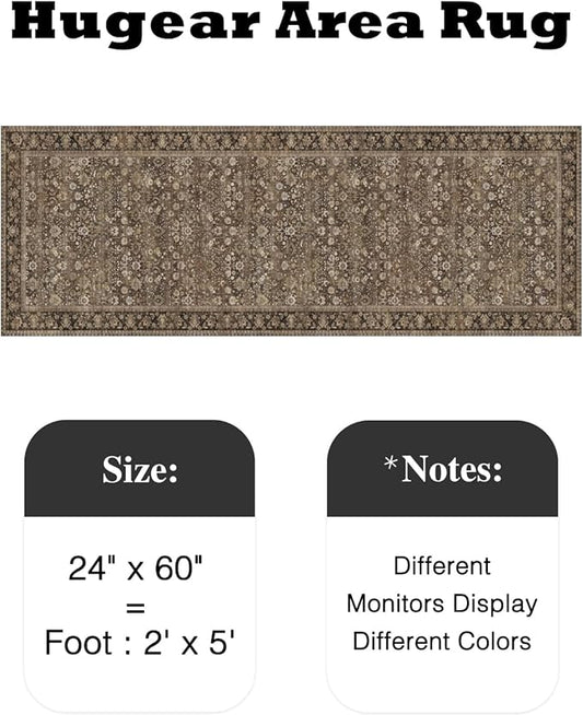 HUGEAR 2x5 Runner Rug Machine Washable Brown Hallway Area Rugs Indoor Accent Rugs Floral Low Pile Carpet Distressed Throw Rug Bedroom Living Room Office Dining Kitchen Laundry Non Slip
