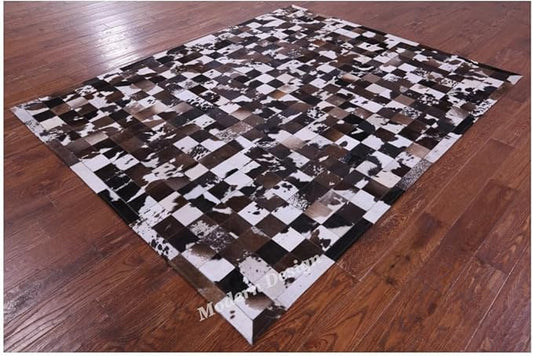 Modern Design Premium Cowhide Leather Carpet with Chevron Pattern, Area Rug (Brown/White-1, 12x15)