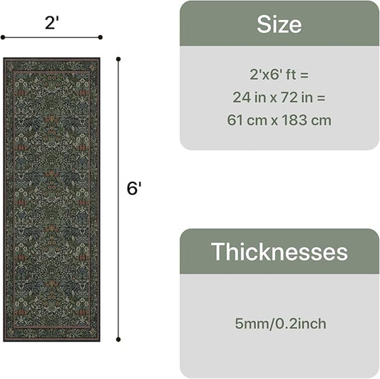 Bavni Boho Floral Kitchen Runner Rug 2x6, Washable Non Slip Thin Carpet for Hallway Bathroom Laundry Room, Ultra Soft Botanical Runner for Entryway, Modern Indoor Floor Decor, Dark Green