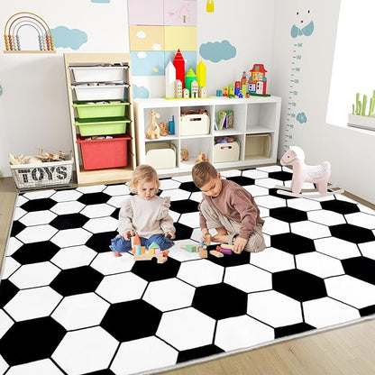 Soft Soccer Rugs for Bedroom, Machine Washable, Cute Bedside Boys Area Rug for Kids Toddlers Teens, Soccer Lovers Home Decor Indoor Carpet for Living Room, Dorms, Nursery, 7x9 FT