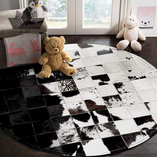 Cowhide Round Leather Rug 5x5 ft – Genuine Hair-On Hide Patchwork Area Rug for Living Room, Bedroom, Kids Playroom, Lounge & Western Home Decor