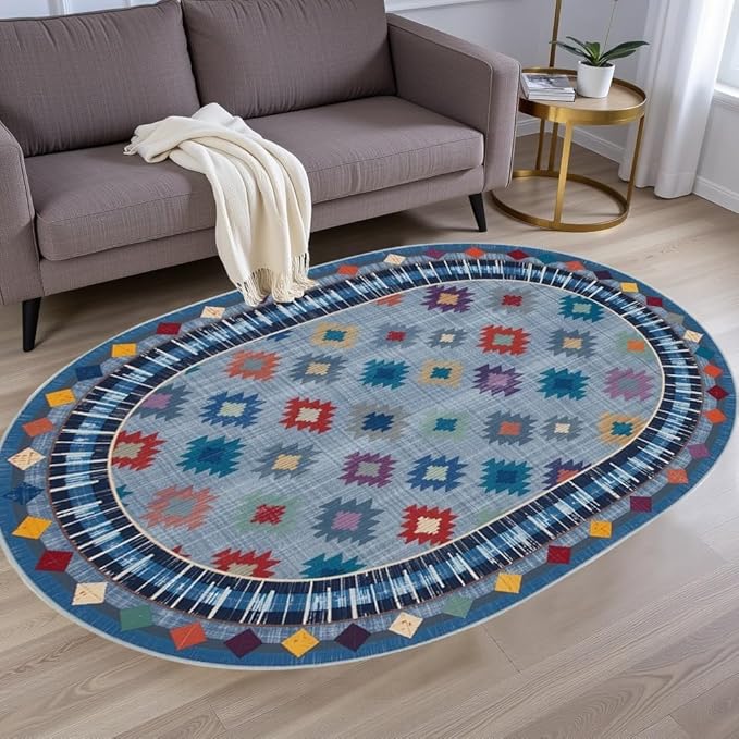 Funky Vintage Blue Red Orange Geometric Texture Indoor Area Rug for Living Room Bedroo Dining Room Faux Wool Soft Low Pile Oval Rugs 12x15 Entrance Nursery Farmhouse Rustic Country Home Office Carpet