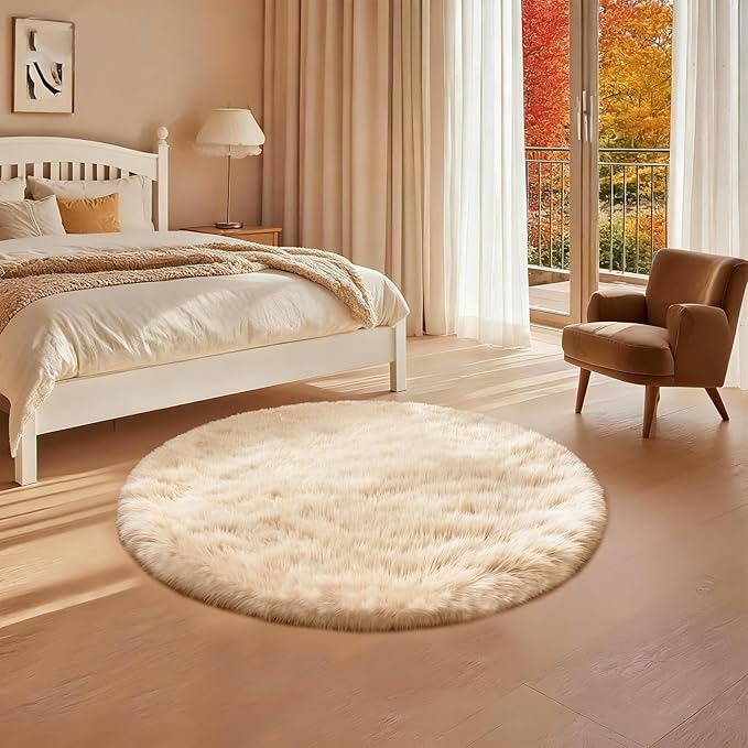 4x4 Round Solid Fluffy Camel Area Rug – Washable, Durable, Circle Bedroom Rug, Non-Slip High Pile Shag Rugs for Living Room, Bedside, Dorms, Nursery Rooms, Kids Room, Soft Indoor Floor Carpet