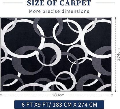 YIHOUSE 6x9 Ft Area Rugs, Concentric Circle Carpet Washable Rug, Black and White Geometric Design Rug for Spacious Living Rooms, Master Bedrooms, Dining Room, Home Office Decor, Nonslip Non-Shedding