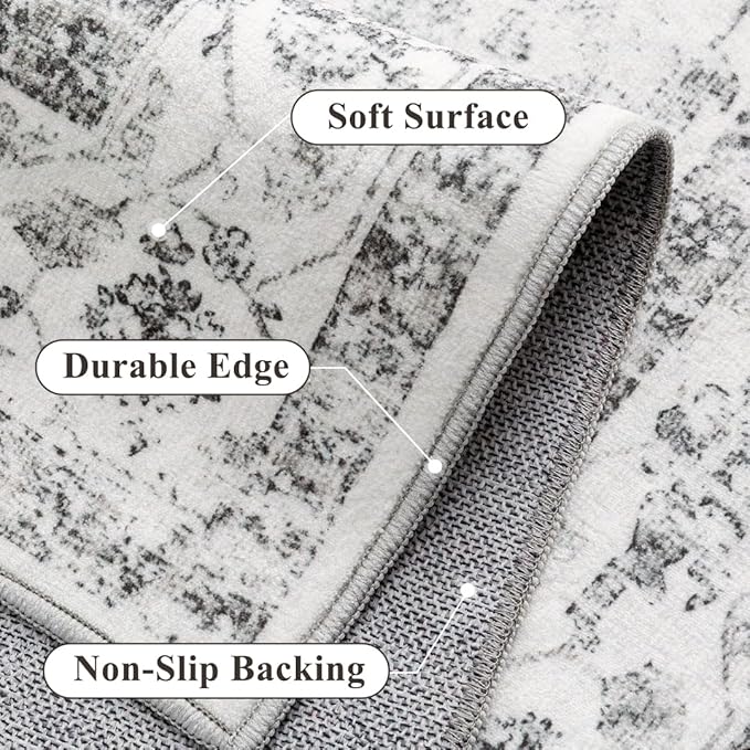 Grey 9x12 Area Rug Vintage Washable Living Room Carpet Non Slip Neutral Bedroom Indoor Office Low Pile Large Traditional Distressed Retro Gray Accent Rug for Dining Room Bathroom Kitchen