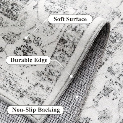 Grey 5x8 Area Rug Vintage Washable Living Room Carpet Non Slip Neutral Bedroom Indoor Office Low Pile Traditional Distressed Retro Gray Accent Rug for Dining Room Bathroom Kitchen