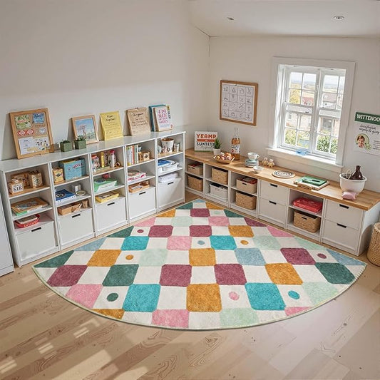 jinchan Macy Kids Rug for Classroom 7ft Radius Corner Washable Area Rug Modern Colorful Quarter Circle Rug Soft Non-Slip Carpet for Nursery Playroom Daycare Reading Nook Living Room Confetti on Cream