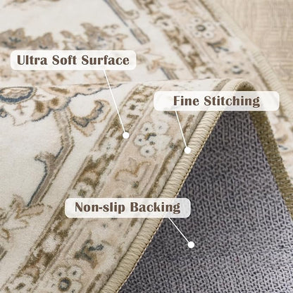jinchan Fiora Round Rug 4ft Area Rug - Indoor Vintage Hallway Circle 4' Washable - Ultra-Thin Low Pile Soft Small Non Slip Distressed Floral Print for Living Room Dining Room Bedroom Entryway Taupe