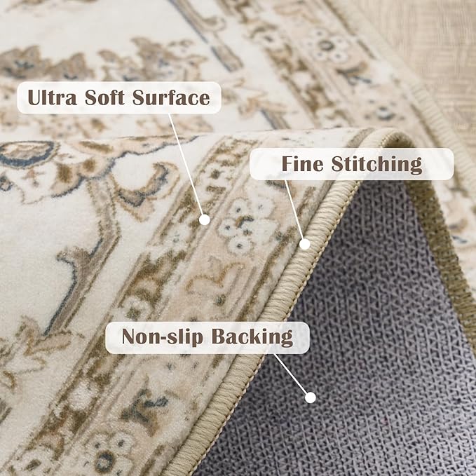 jinchan Fiora Round Rug 6ft Area Rug - Taupe Vintage Floor Mat Indoor Ultra-Thin Soft Floral Print - Washable Circle 6' Retro Accent for Farmhouse Non Slip Dining Room Living Room Bedroom Office