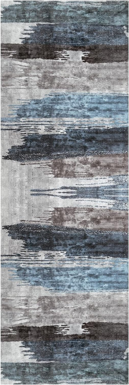 Ciicool 2x6 Washable Runner Rug, Modern Abstract Hallway Rugs Runner, Non-Slip Thin Accent Rug Lightweight Navy Grey Print Distressed Carpet for Laundry Entryway Bedroom Kitchen Bathroom Indoor