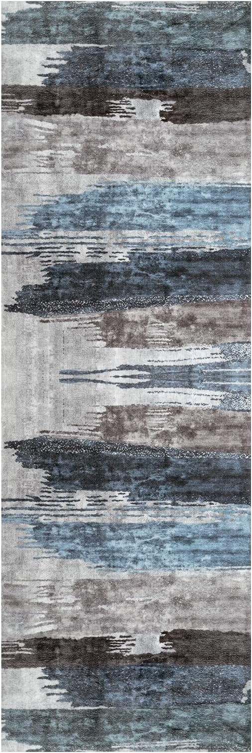 Ciicool 2'6"x8' Washable Runner Rug, Modern Abstract Hallway Rugs Runner, Non-Slip Thin Accent Rug Lightweight Navy Grey Print Distressed Carpet for Laundry Entryway Bedroom Kitchen Indoor