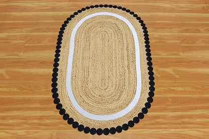 Kilim Oval Rug 3x5 Oval Flatweave Rug Natural Jute Thick 0.27" Solid Pattern Black Beige Hand Braided Jute Handmade Boho Indoor Outdoor Rugs for Kitchen Enterway