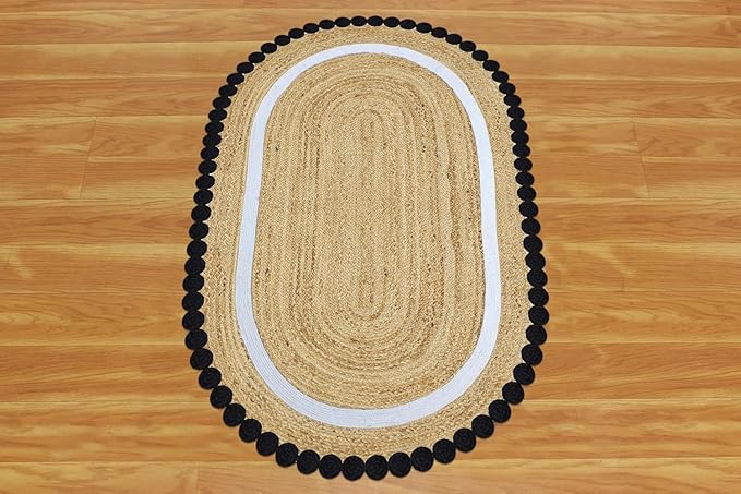 Oval Jute Runner 2x12 Flatweave Kilim Runner Hand Braided Jute Thick 0.27" Solid Pattern Black Beige Natural Oval Handmade Boho Indoor Outdoor Rugs for Hallway Enterway Stair Corridor