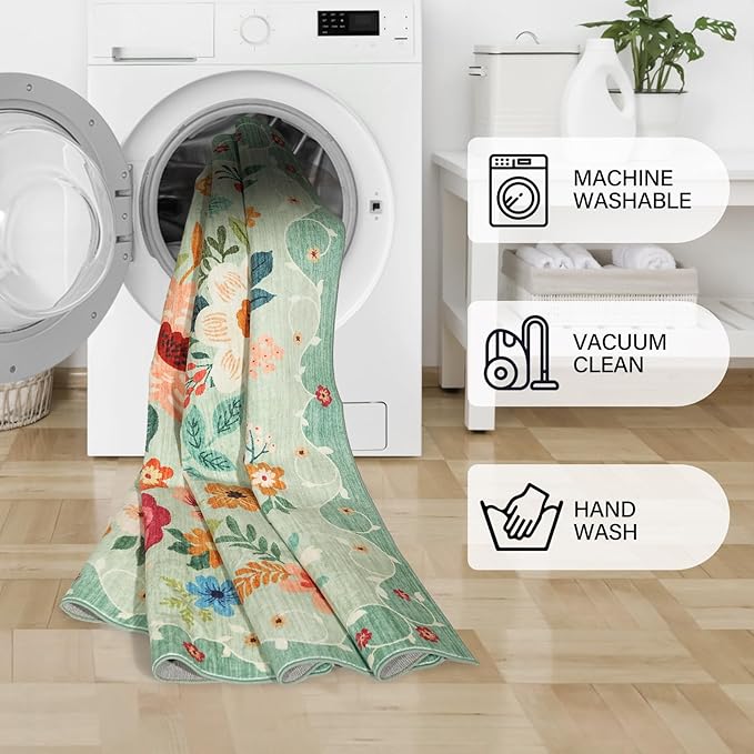 DUKINO 2x6 Kitchen Runner Rug for Hallway, Washable Runner Rug with Non Slip Backing, Low Pile Soft Boho Spring Floral Carpet for Kitchen, Hallway, Entryway, Laundry, Bedroom, Green