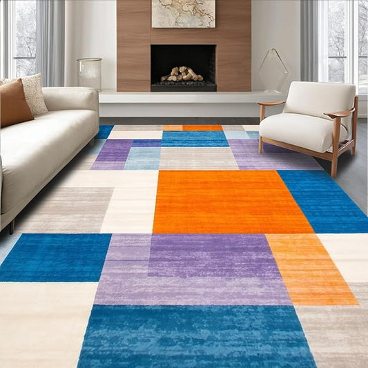 Flatwoven High Traffic Area Rug 4x6, Modern Abstract Color Block Area with Artistic Flair, Non Slip, Stain Resistant, Washable Area Rugs for Living Room, Bedroom (Blue, 4x6)