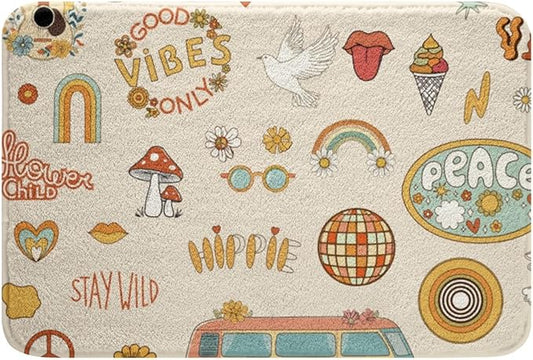 Kids 70s Party Decorations Bath Mat Cute Bus Car Non Slip Bath Rugs for Boys Girls Pastel Rainbow Super Cozy Bathroom Rug 16x24 Hippie Mushroom Bathroom Accessories 60s Retro Disco Rug Groovy Decor