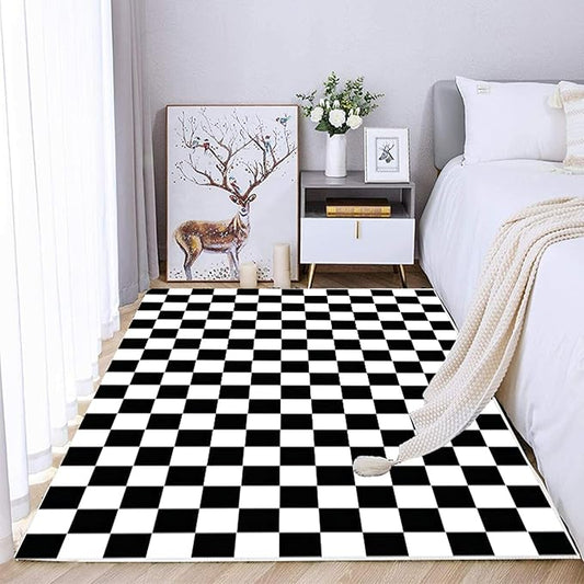 Checkered Rug 3x5 Washable Bedroom Rug Modern Indoor Non-Slip Black and White Checkered Kitchen Carpet for Dining Table Dorm Decor (Black and White, 3x5ft)