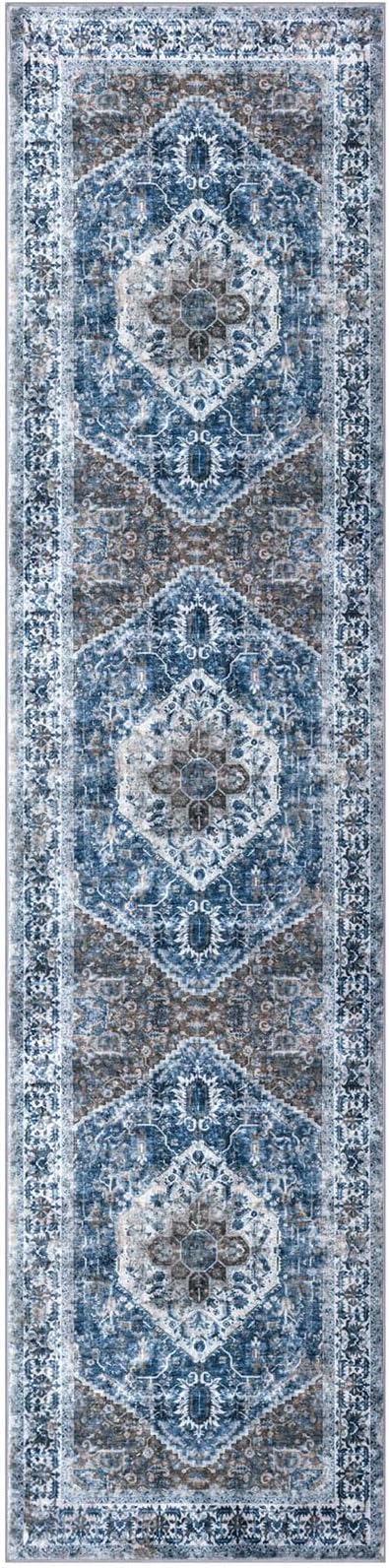 KOZYFLY Runners for Hallways 2x7 Ft Washable Kitchen Runner Rug Boho Runner Rug for Entryway Indoor Blue Printed Oriental Faux Wool Floor Carpet Runner for Bedroom Kitchen Hall