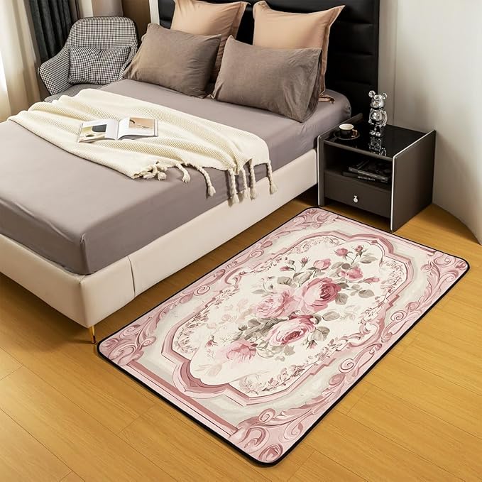 French Country Floral 3x5 Area Rug Pink Rose Rugs for Living Room | Romantic Flowers Washable Rug, Rustic Carpet Indoor Floor Mat