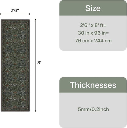 Bavni Floral Hallway Runner Rug 2'6" x 8', Washable Non Skid Boho Carpet for Entryway Kitchen Laundry Room, Soft Ultra Thin Botanical Long Runner for Indoor Floor Decor, Dark Green