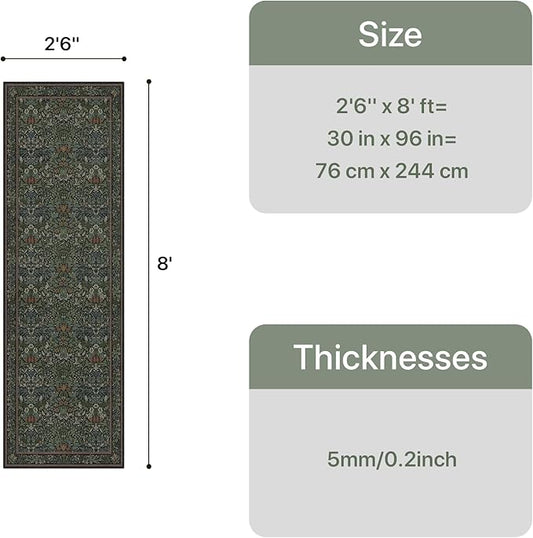 Bavni Floral Hallway Runner Rug 2'6" x 8', Washable Non Skid Boho Carpet for Entryway Kitchen Laundry Room, Soft Ultra Thin Botanical Long Runner for Indoor Floor Decor, Dark Green