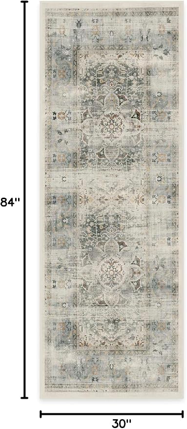 RUGGABLE Washable Vintage Runner Rug – Sarrah Sage 2.5x7, Stain-Resistant, Non-Slip Hallway Runner – Machine Washable Rug for Hallway, Entryway, Living Room & Kitchen – with Standard Pad