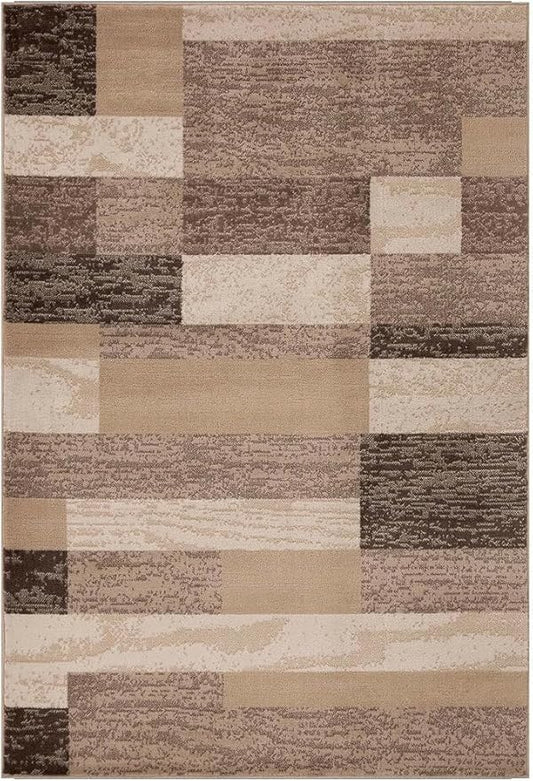 Superior Indoor Area Rug, Jute Backing, Plush Modern Rugs for Entryway, Kitchen Floors, Office Floor Cover, Color Block Rugs, Rockwood Collection, 7' x 9', Beige