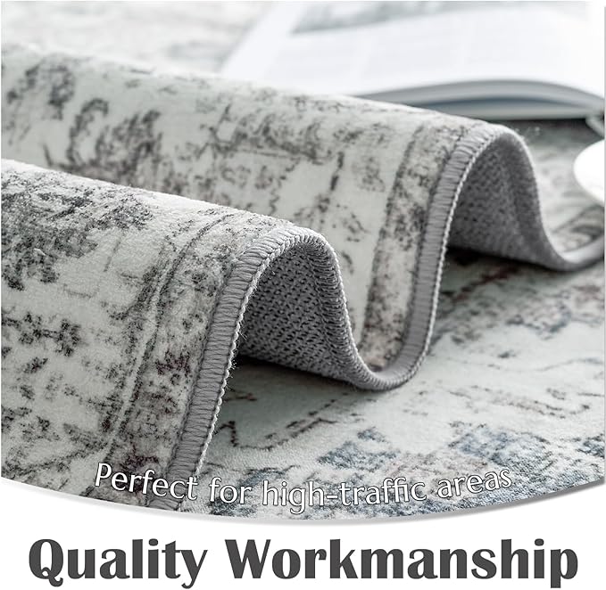jinchan Kalen Runner Rug 2x7 Washable Area Rug Soft Grey Vintage Hallway Indoor Floor Mat Thin Retro Distressed Carpet Floral Country Non Slip Bathroom Kitchen Bedroom Living Room