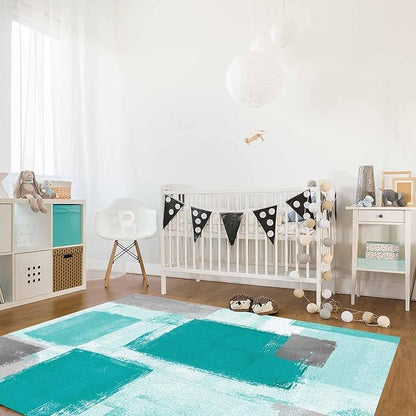Teal Green Rectangular Area Rugs for Living Room Bedroom 5 x 8 ft Abstract Paint Texture Modern Art Non-Shedding Soft Low Pile Rug Non Slip Washable Rug for Nursery Entryway Playroom