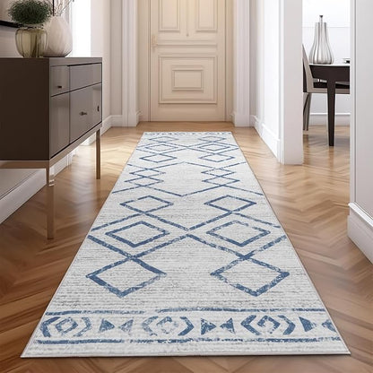 jinchan Hallway Runner Rug 3x7 - Moroccan Kitchen Machine Washable Runner Rug Modern Geometric Soft Faux Wool Ultra-Thin Low-Pile Non-Slip Carpet for Laundry Room Bedroom Farmhouse (3x7ft, Blue)