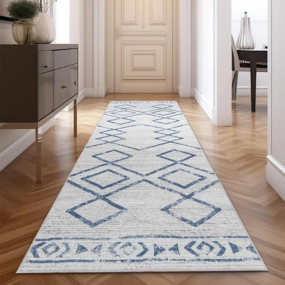 jinchan Hallway Runner Rug 2x10 - Moroccan Kitchen Machine Washable Runner Rug Modern Geometric Soft Faux Wool Ultra-Thin Low-Pile Non-Slip Carpet for Laundry Room Bedroom Farmhouse (2x10ft,Blue)