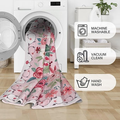 DUKINO 2x5 Runner Rug for Hallway, Washable Kitchen Floral Runner Rug with Non Slip Backing, Low Pile Soft Boho Carpet for Kitchen, Hallway, Entryway, Laundry, Bedroom, Pink
