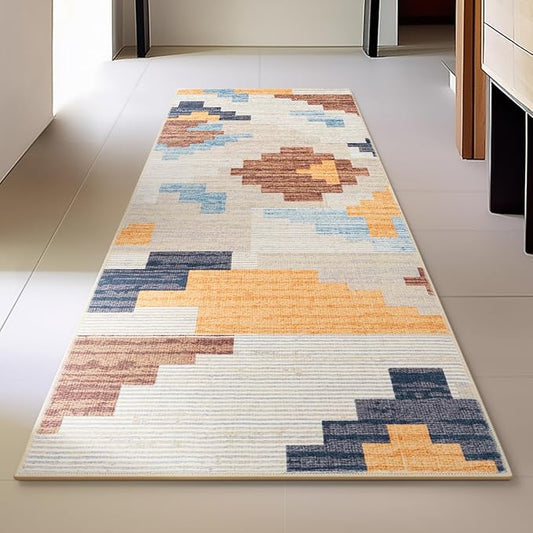 Phantoscope Washable Runner Rug 2'x6' Non-Slip, Modern Neutral Boho Hallway Rugs for Entryway, Stair, Bedroom, Abstract Geometric Blocks Pattern, Low-Pile Foldable Floor Carpet, Warm Terracotta/Cream