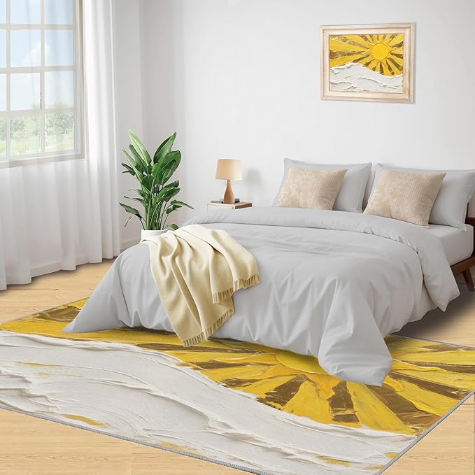 Boho Sun Area Rugs 5x7ft, Abstraction Deco Rugs for Living Room, Minimalist Sunburst Floor Rug Sturdy and Non-Shedding for Bedroom Hardwood Floors Teen Room